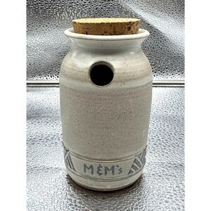 M&Ms Stoneware Candy Jar Beige Cork Lid Geometric Rustic Primitive Decor Signed